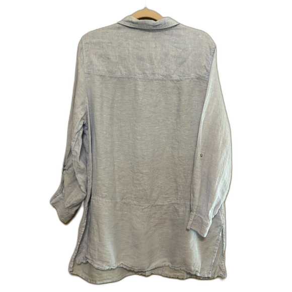 Tahari 100% Linen Button Up Tunic Top Womens 1X Blue Roll Tab Sleeve Coastal - Picture 3 of 7